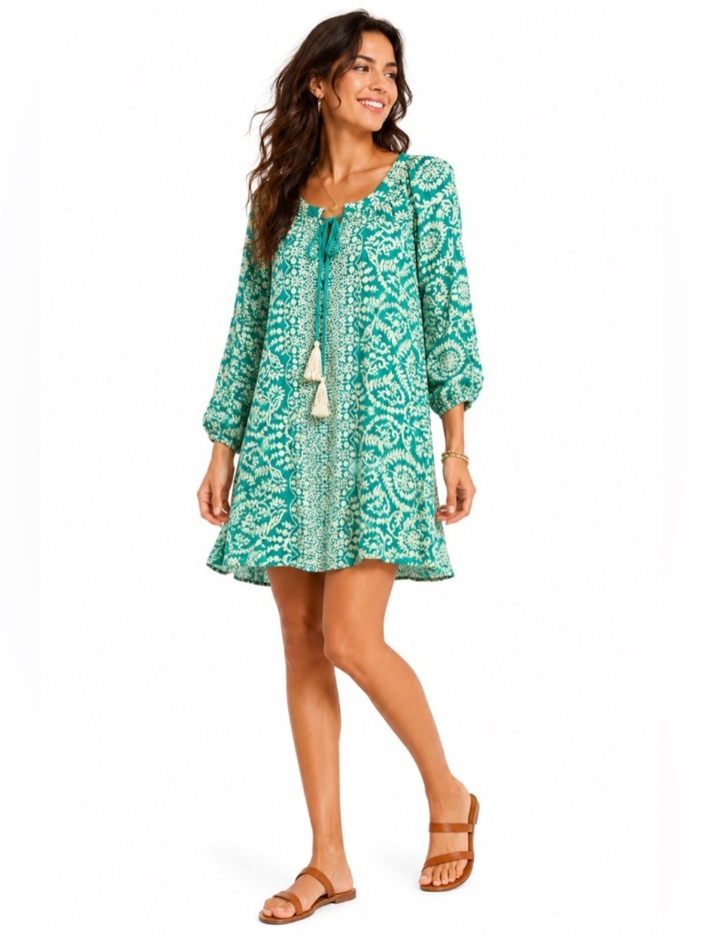 Taj by Sabrina Crippa Green Embroidered Tiered Mini Dress Long Sleeve Size Small